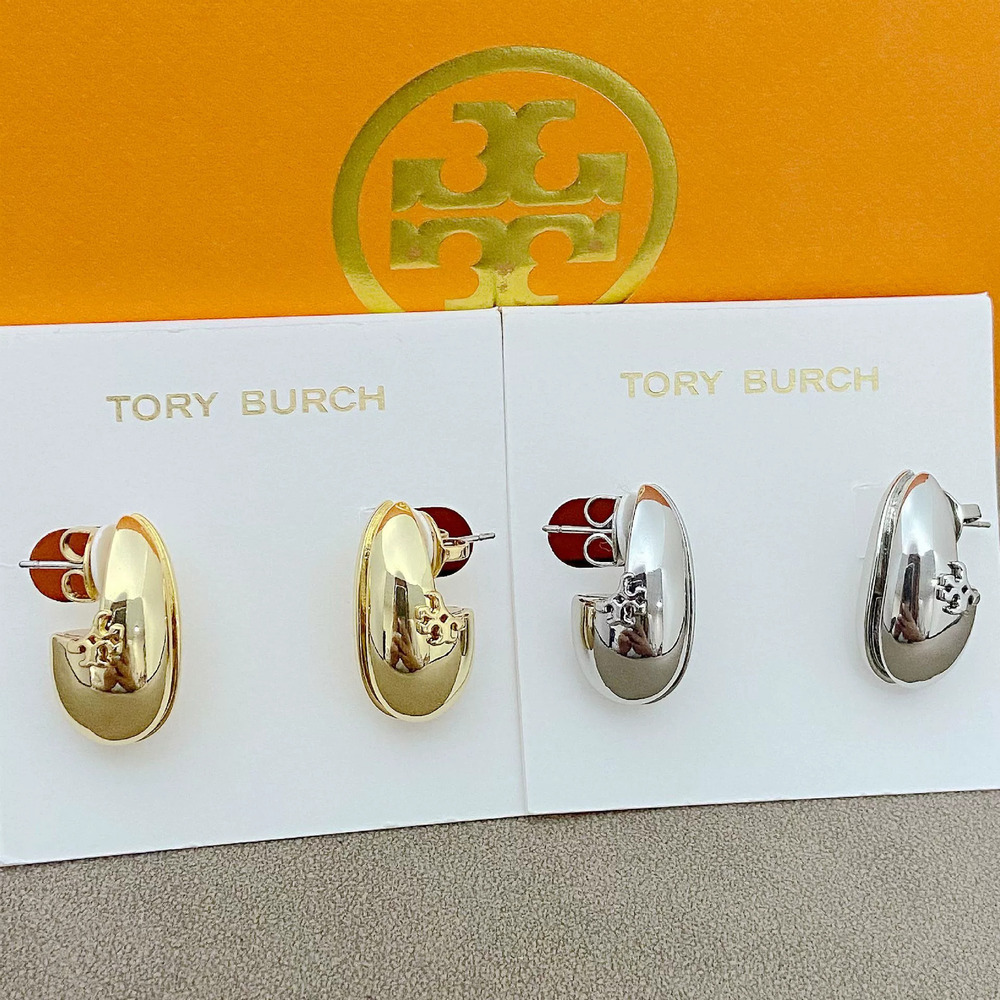 Tory Burch Smooth Inlaid Letter Peanut Shape Stud Earrings Metal